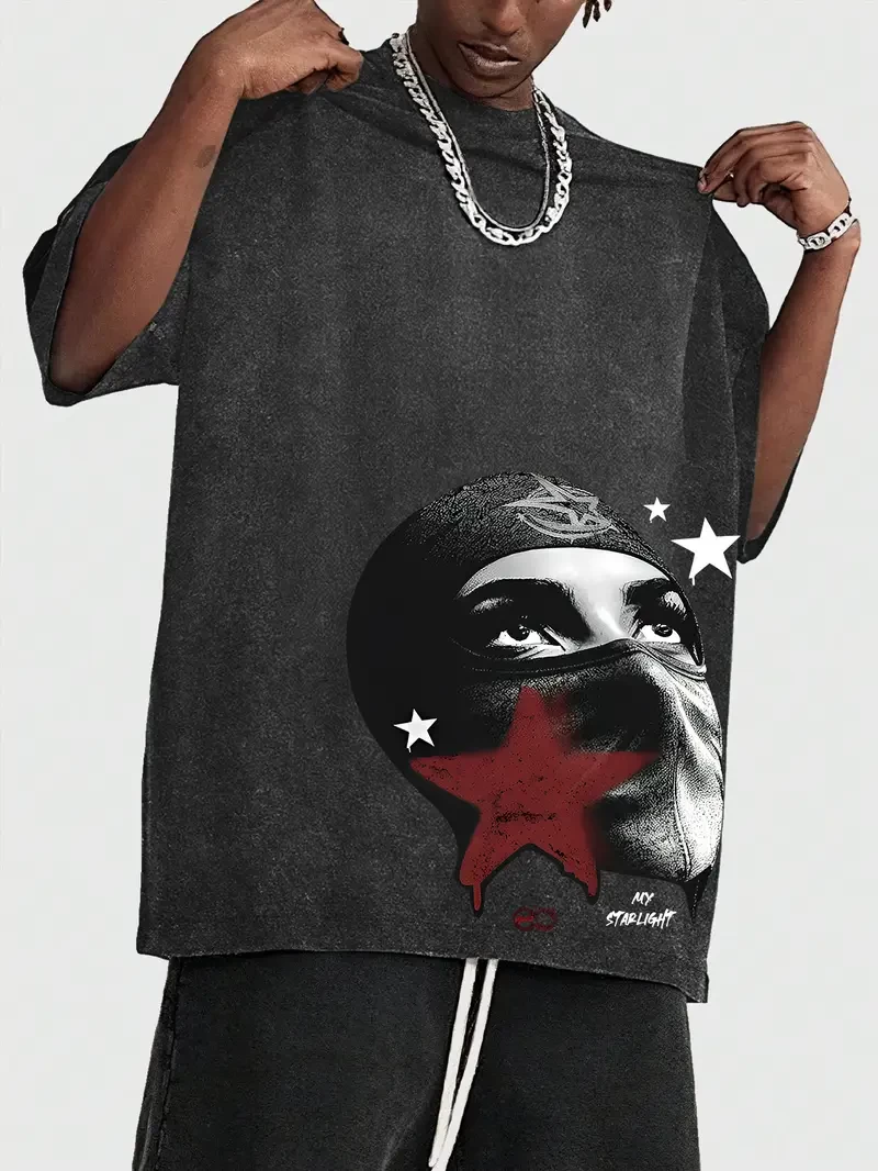 Printed men's vintage round neck short sleeve cotton t-shirt, casual summer t-shirt for everyday street style