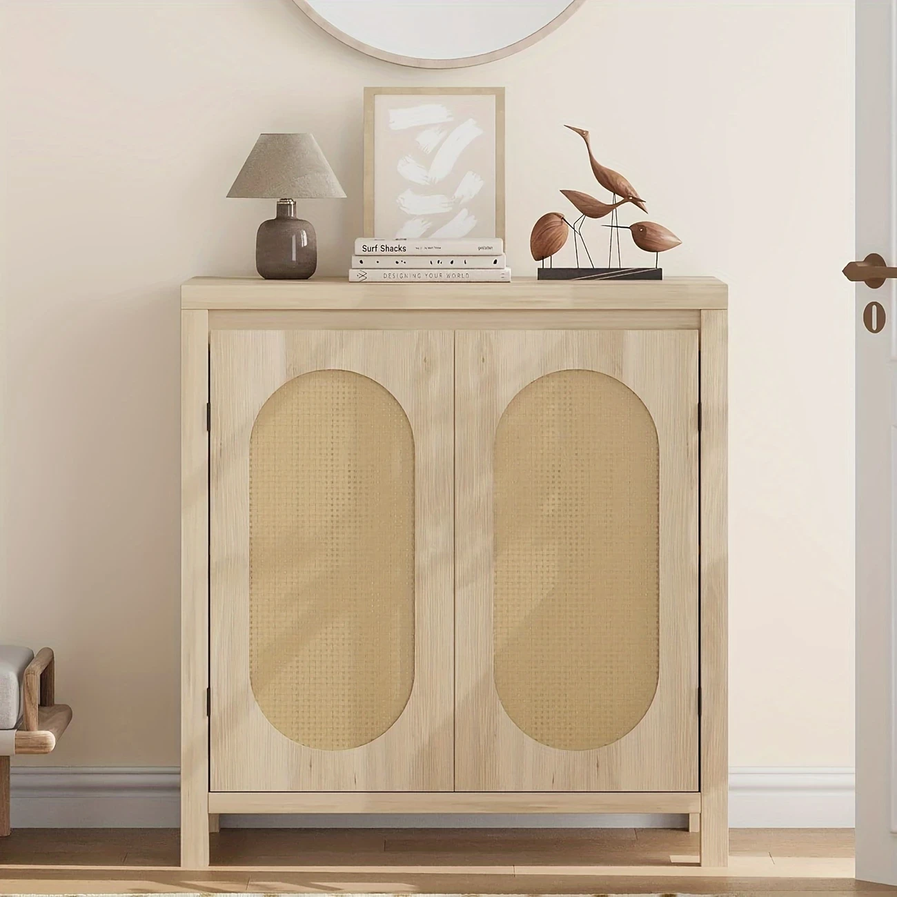 Rattan Storage Cabinet, Sideboard Buffet Cabinet With Doors And Shelves, Small Console Cabinet With Storage, Boho Accent Cabinet For Entryway, Living Room, Dining Room