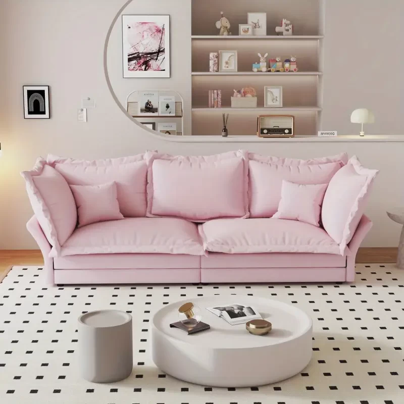 90.55" Modern Comfy Upholstered Sofa Cloud Couch, Deep Seat Couches with Multiple Large Soft Pillows, Convertible Deep Seat Chaise Longue for Living Room Bedroom, Apartment, Office, PINK