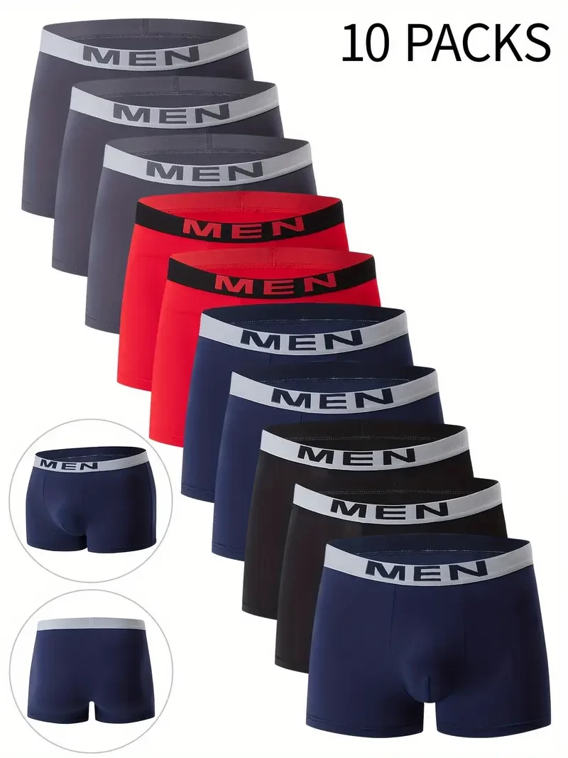 Men's Boxer Briefs 10-Pack, Solid Color, Breathable & Comfortable, Elastic Waist, Knit Fabric, 100% Polyester, Casual Athletic Shorts