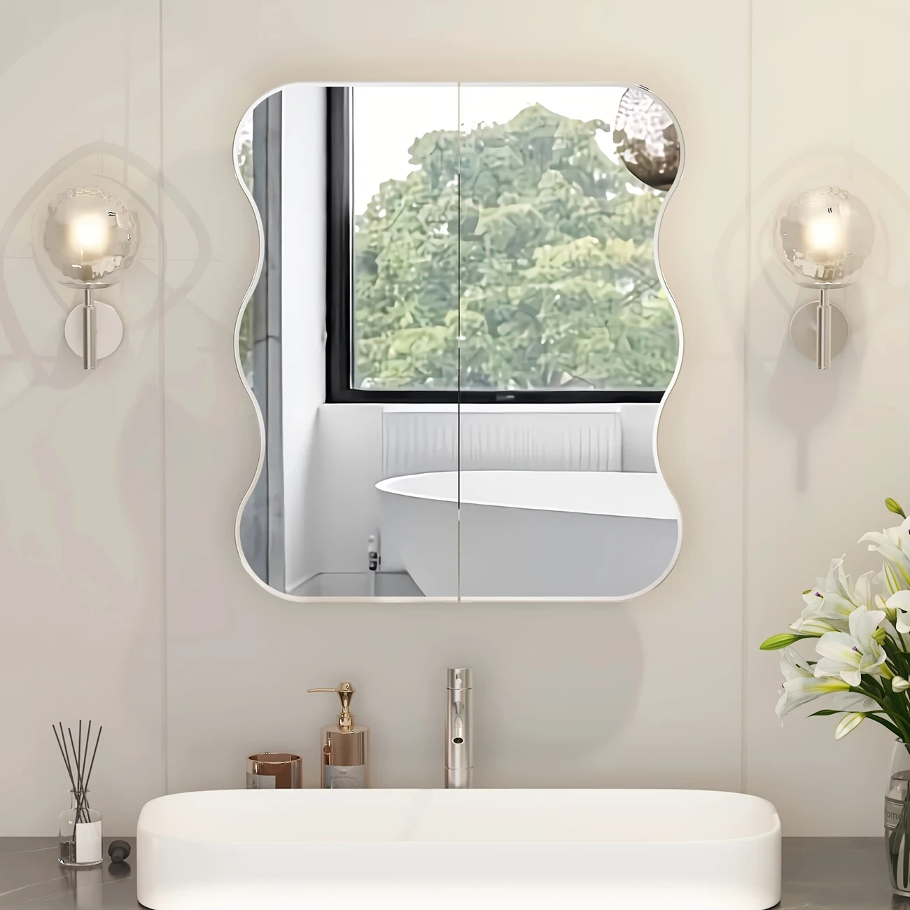 Wall-Mounted Bathroom Mirror Cabinet with Double Wavy Lace Doors – Large Storage Space, Sleek Synthetic Board Design, Hypoallergenic, Modern Style for Contemporary Bathrooms