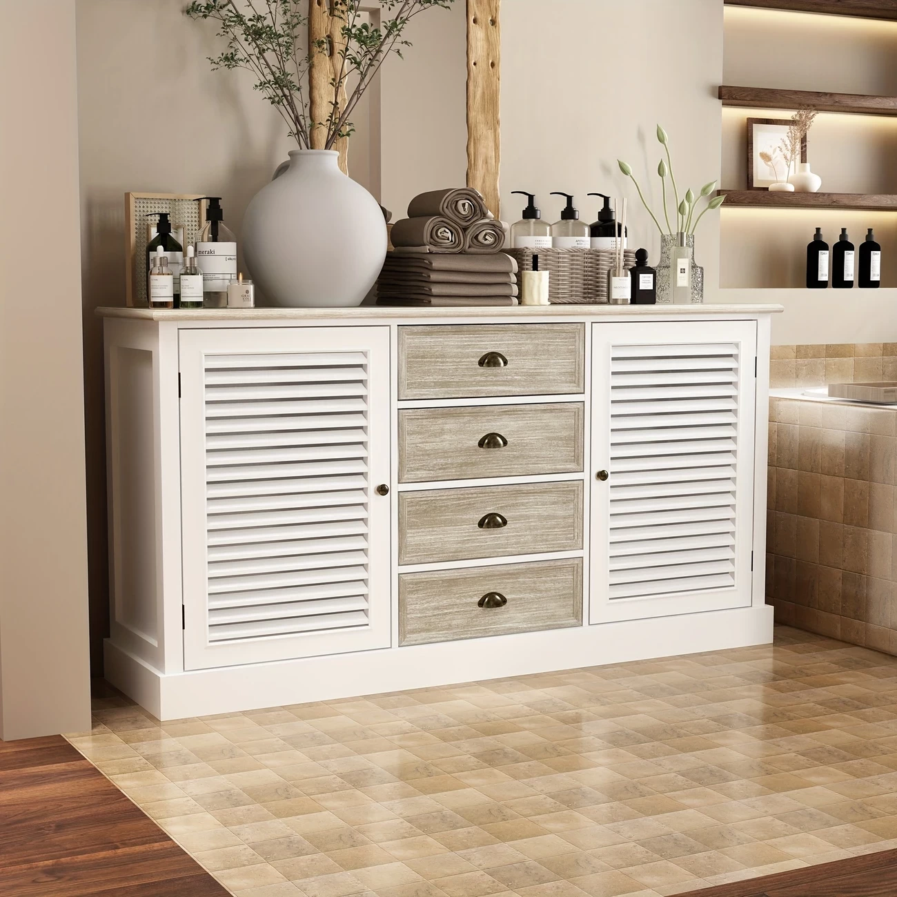 Vintage Coastal Breeze Shutter Door Storage Cabinet with Rustic Drawers - High-Quality MDF, White & Gray Wooden Finish, Open Shelves for Easy Access, Ideal for Bathroom Organization, Bathroom Organize