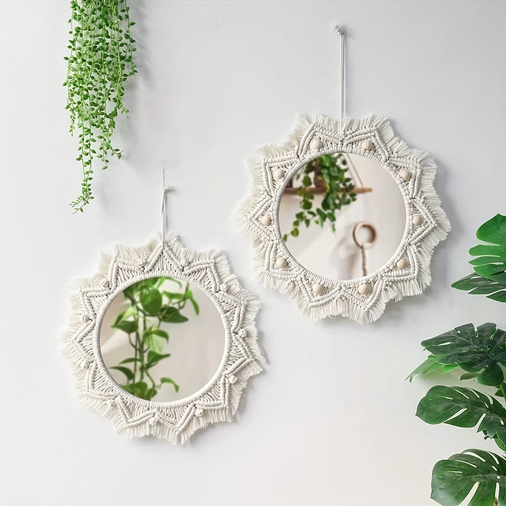 [Handcrafted Star Mirror] Versatile Handcrafted Star Mirror - Bohemian Wooden Beads Striped Glass, Bedroom, Living Room & Entryway Decor