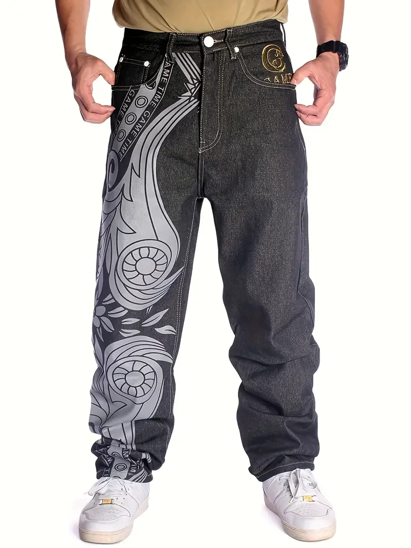 Men's Casual Jeans, Original Color Jeans, Hip-hop Loose Print Embroidered Denim Pants, Personalized Street Dance Skateboarding Long Pants