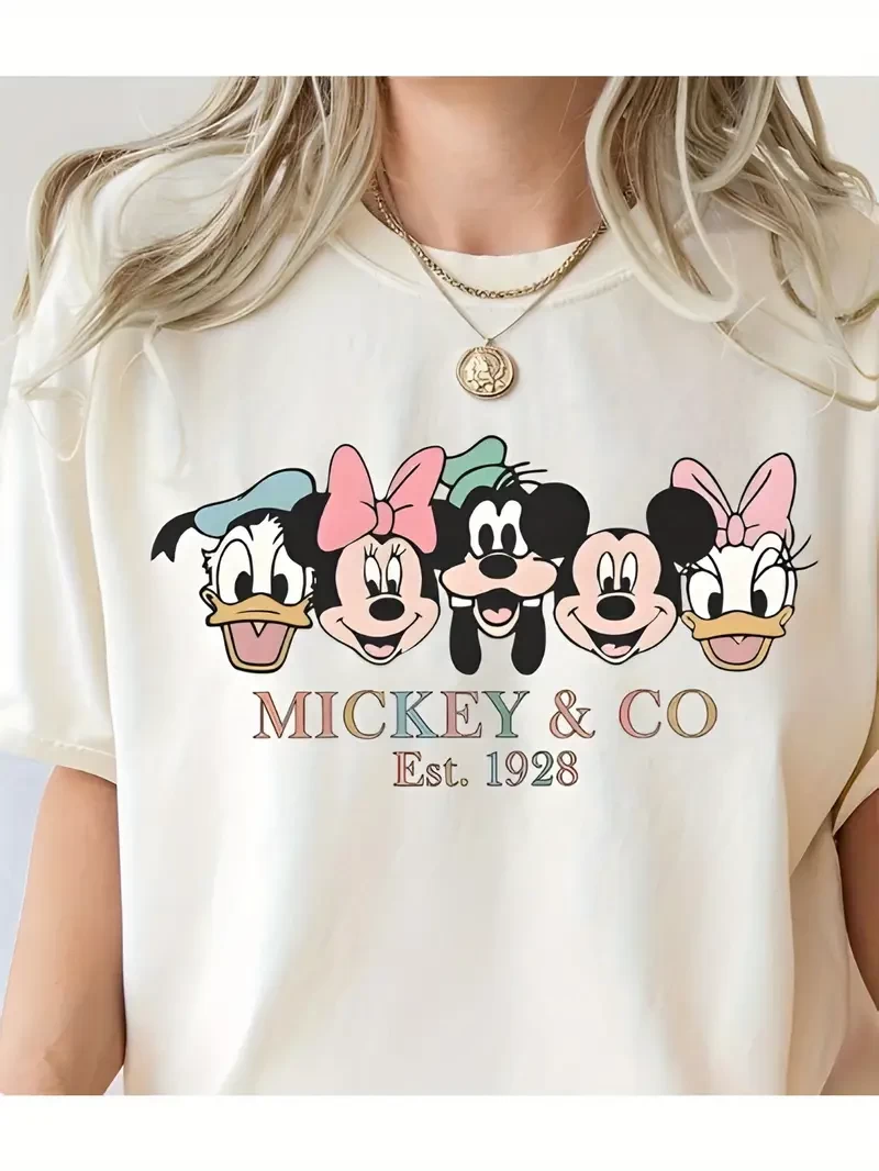 Disney Authorized Mickey and Co. Classic Characters Print 100% T-shirt for Women Perfect Match for Summer Loose Casual and Breathable Cute Fashionable Cool 180g White Tee Sizes S~XXL
